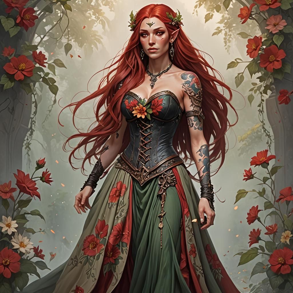 Summer Eladrin Bard with Red Hair and Tattoos