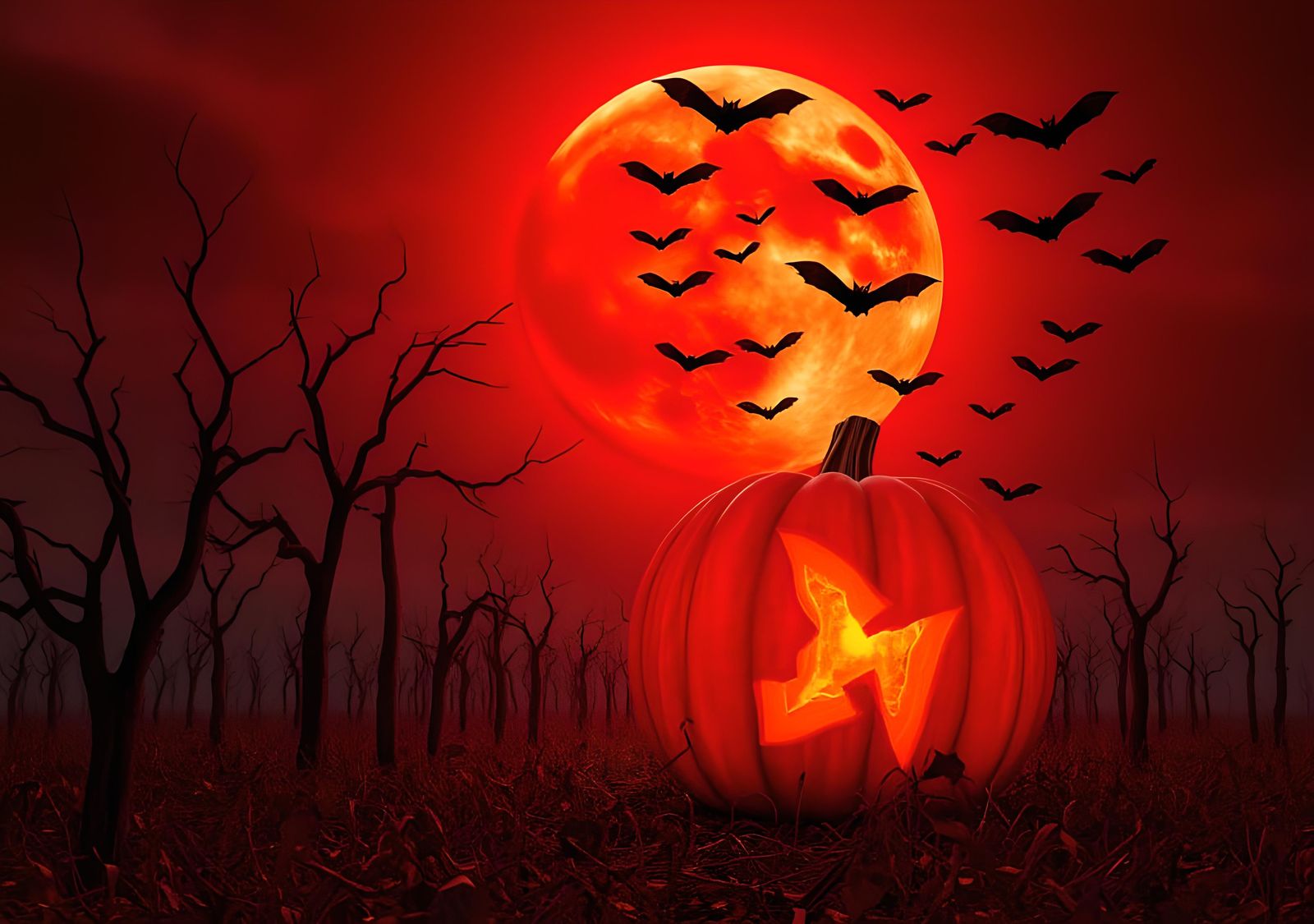 Halloween Night: Pumpkin, Bat, and Red Moon