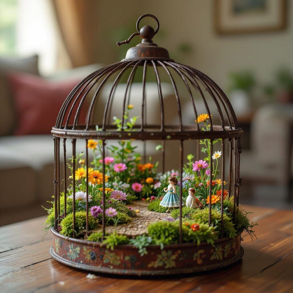 Miniature Garden in Birdcage, Hyperdetailed Diorama