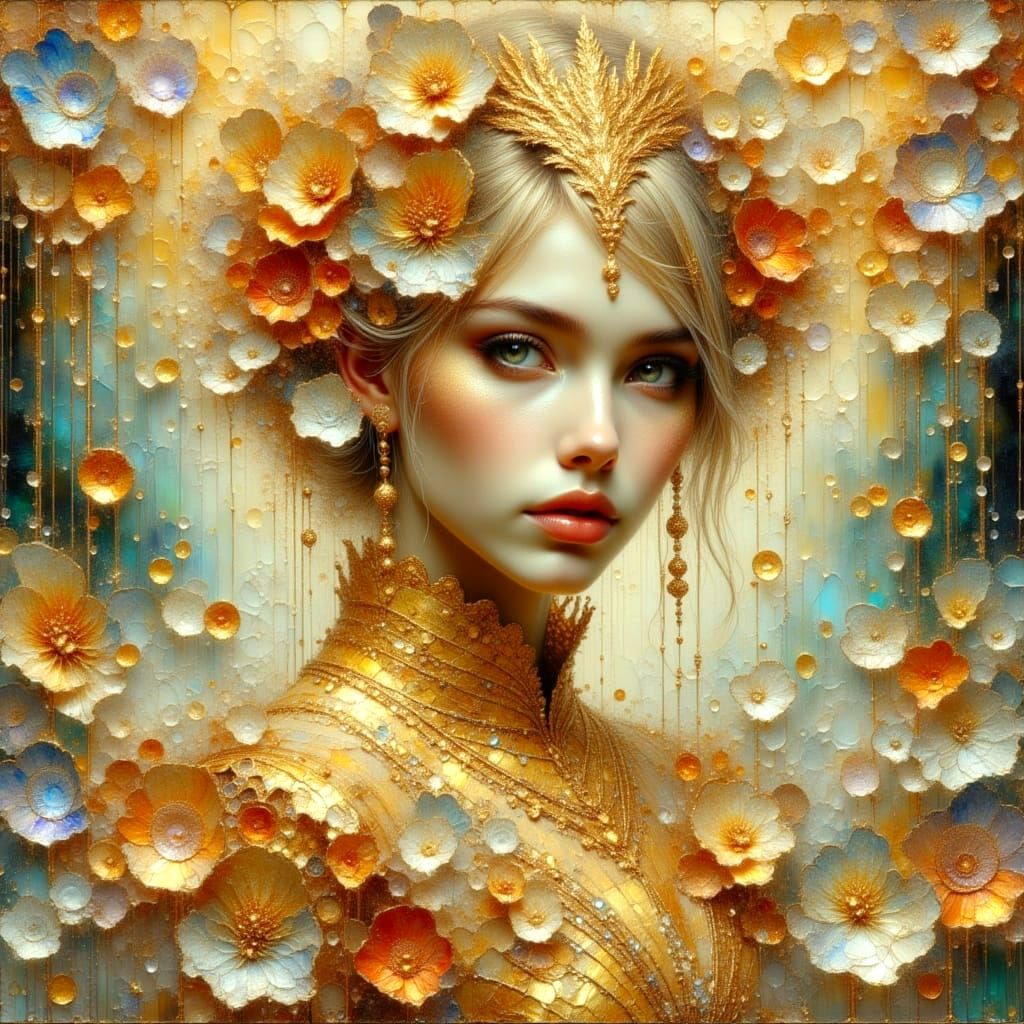 Lady of the Lake in Gold: Art Nouveau Impasto Painting