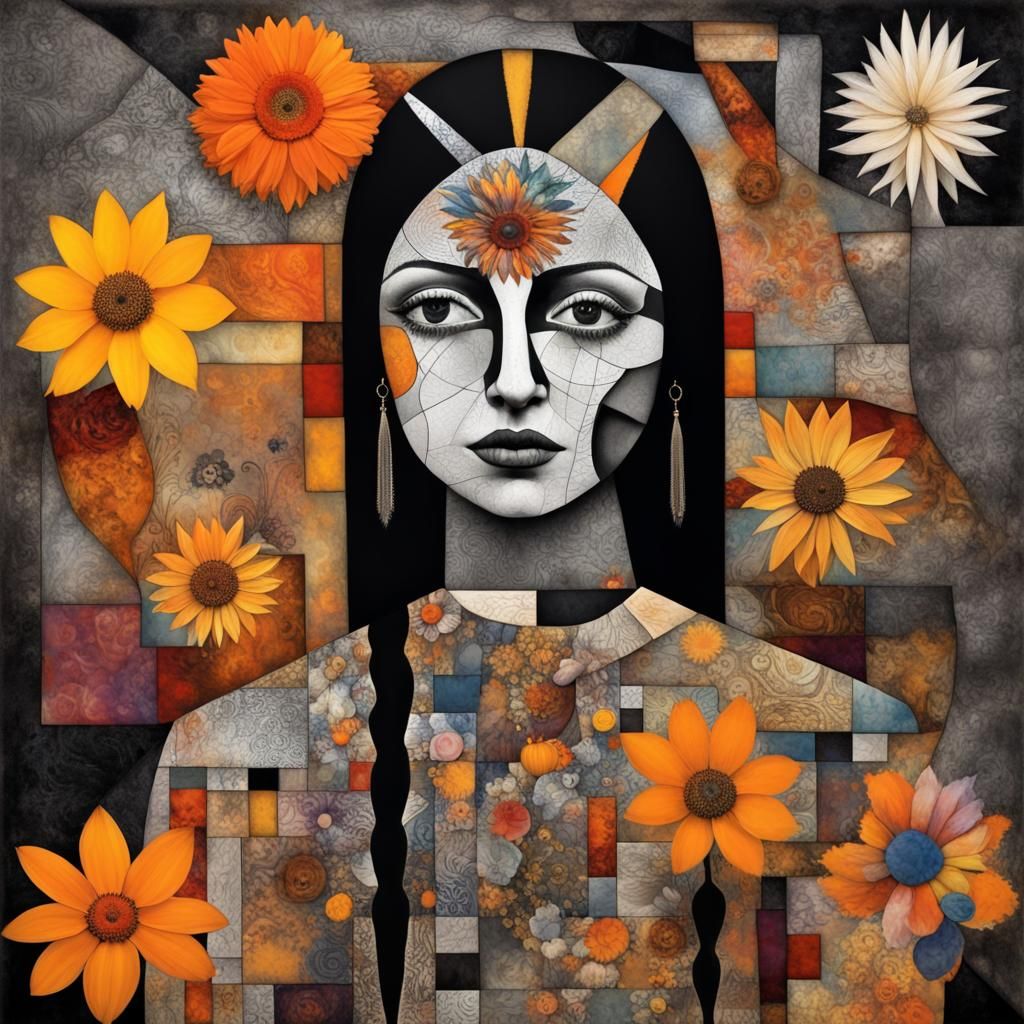 Patchwork Flower Spirit in Surreal Dreamscape