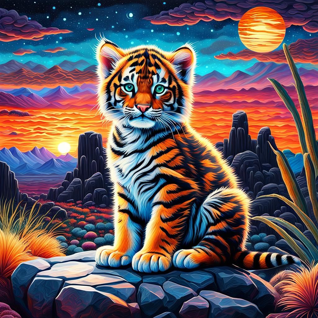 Bioluminescent Kitten at Desert Sunset in Surreal Style