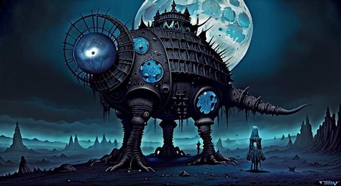 Epic Dark Fantasy Sci-Fi Landscape with Blue Moon