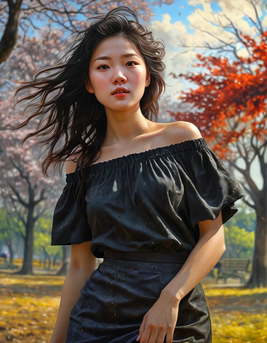 Korean Woman in Misty Maple Park: Impasto Oil Painting