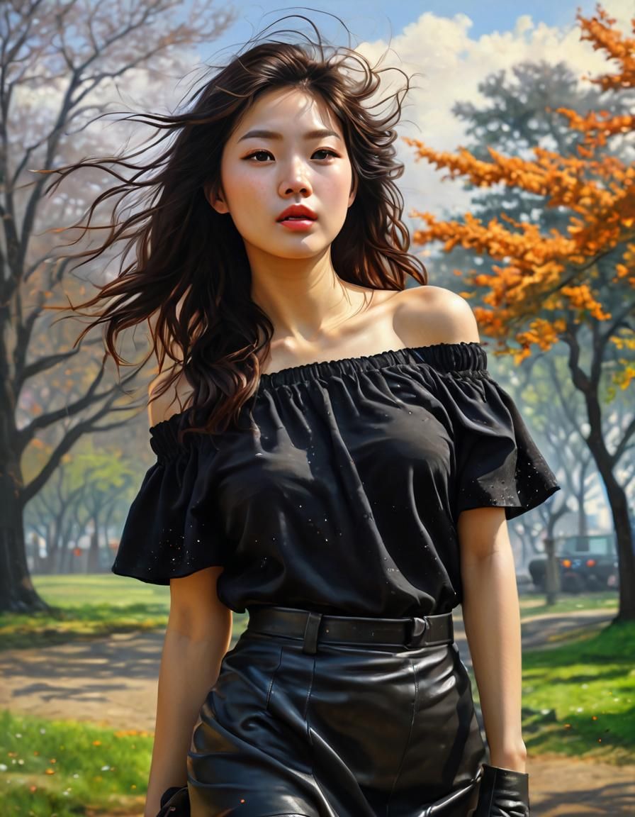 Korean Woman in Maple Park: Impasto Oil Painting