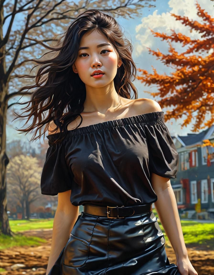 Korean Woman in Misty Maple Park as Impasto Oil