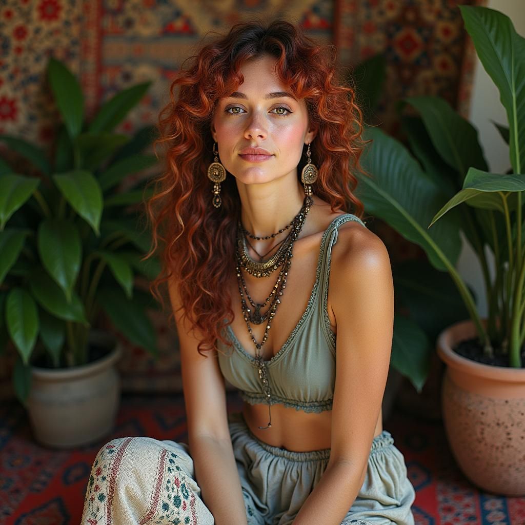 Bohemian Woman Portrait in Surreal Folk Art Style