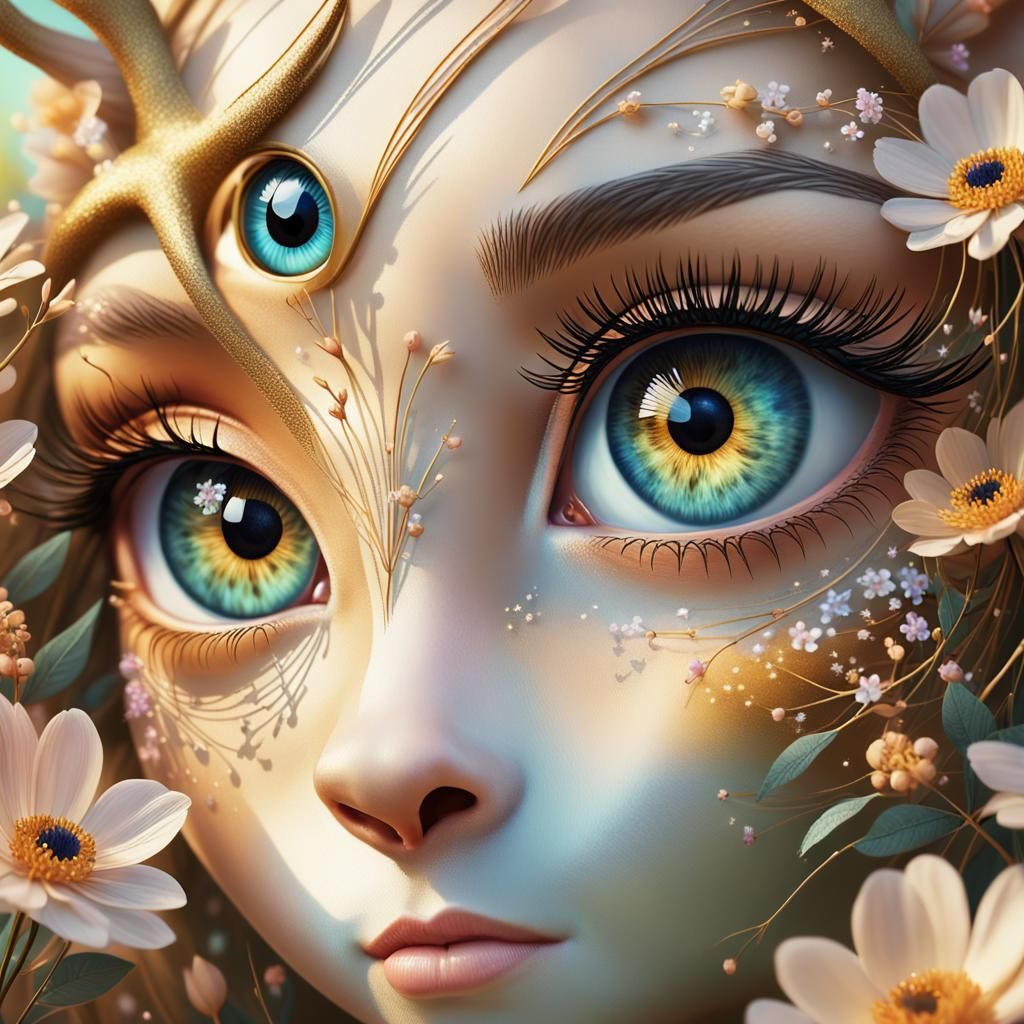 Surreal Eye with Fairy and Deer in Whimsical Style