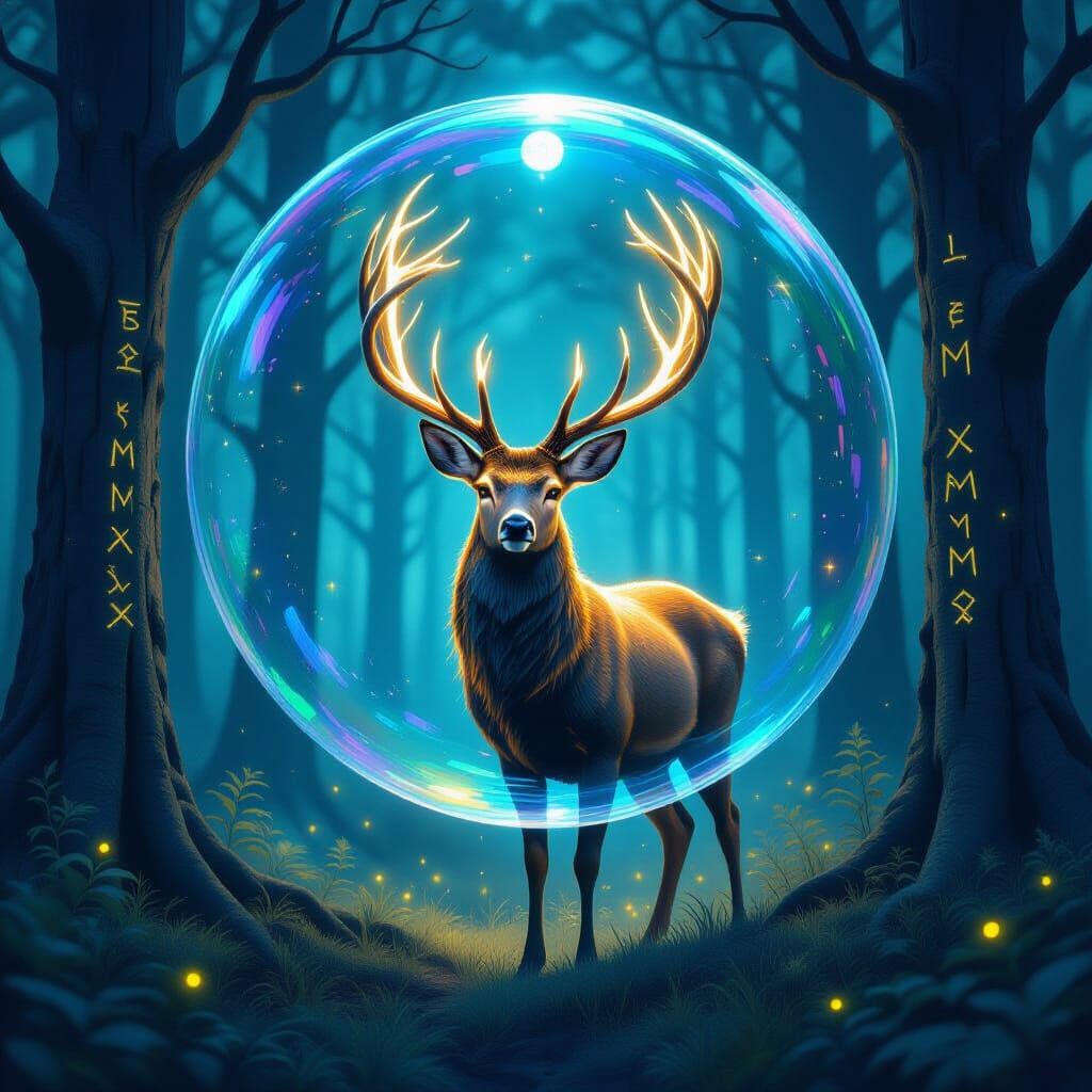 Mystical Deer in Moonlit Forest: Surreal Psychedelic Art