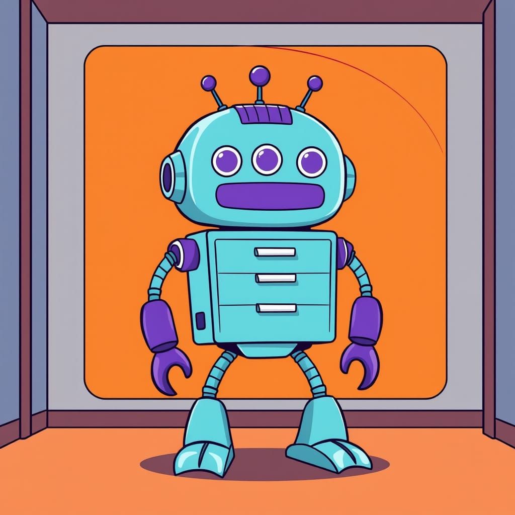 Cartoon Robot in Retro-Futuristic Interior
