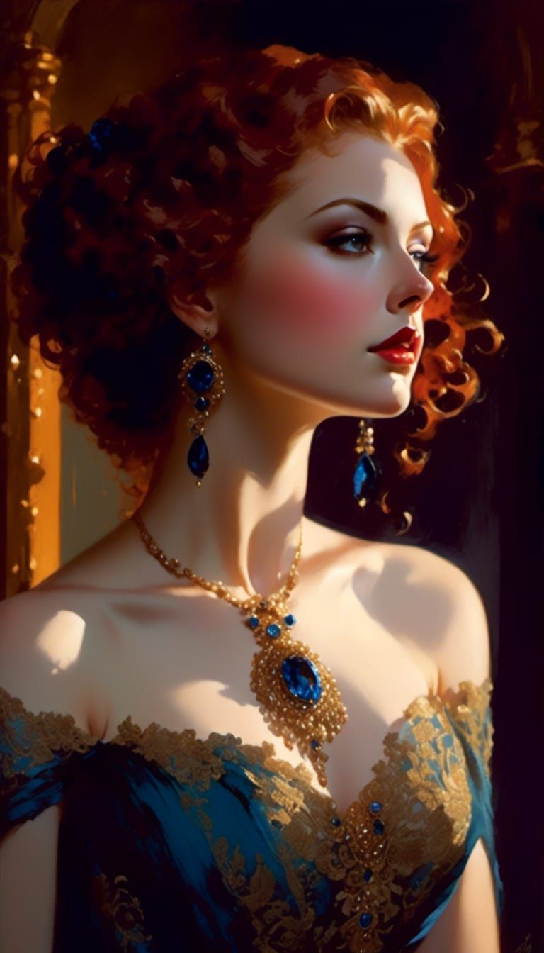 Woman in Blue Lace Gown, Fantasy Interior