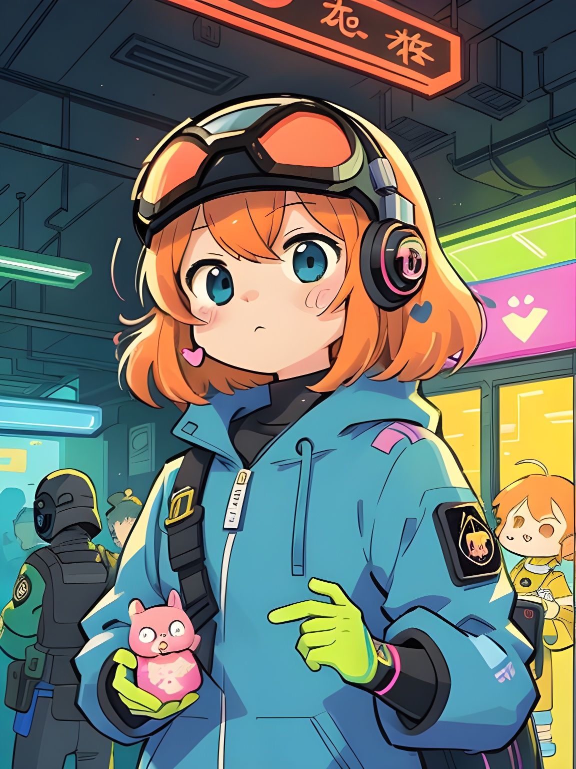 Cyborg Portrait with Neon Heart in Cyberpunk Style