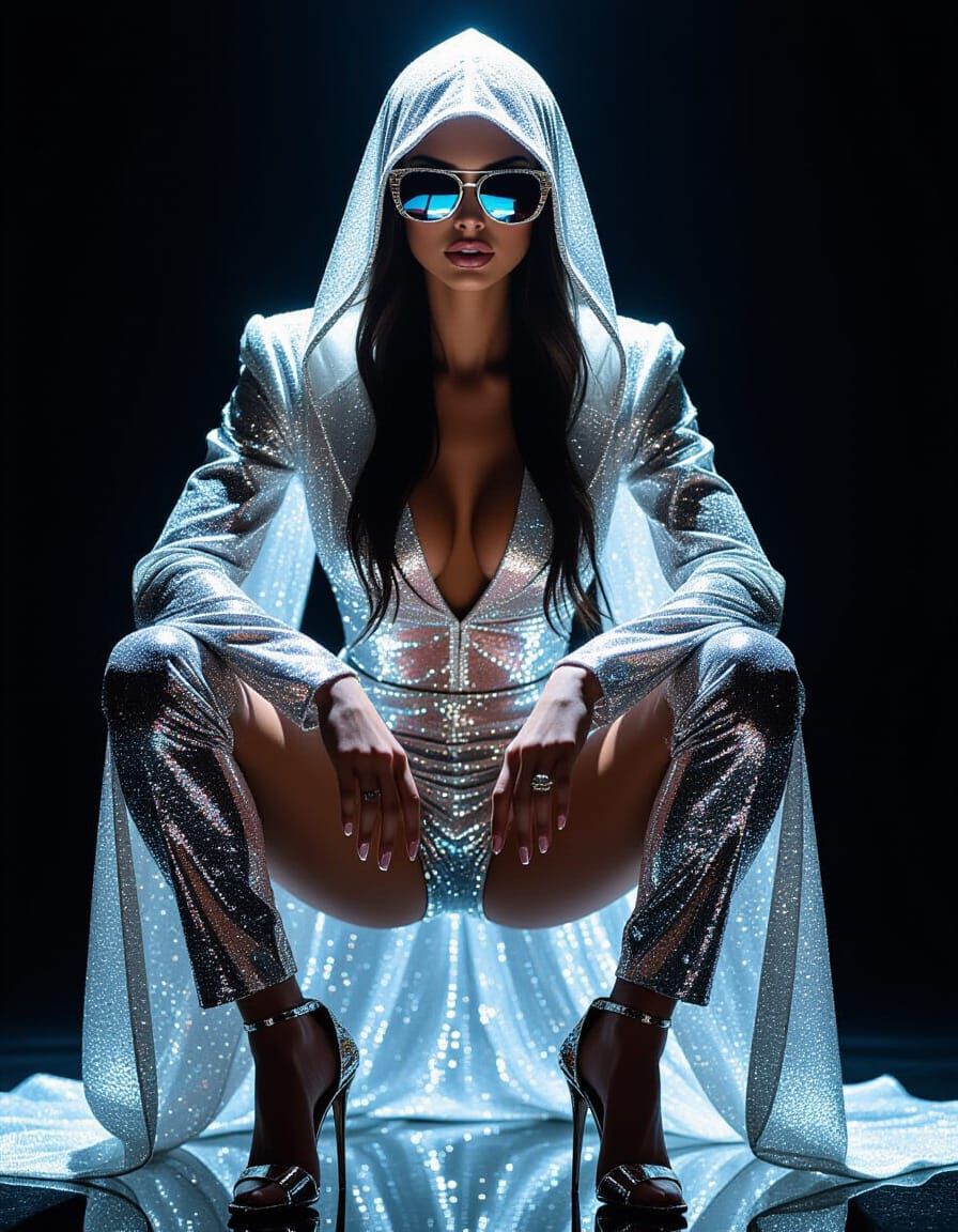 Avant-Garde Fashion Portrait: Woman in Sparkling Hooded Outf...