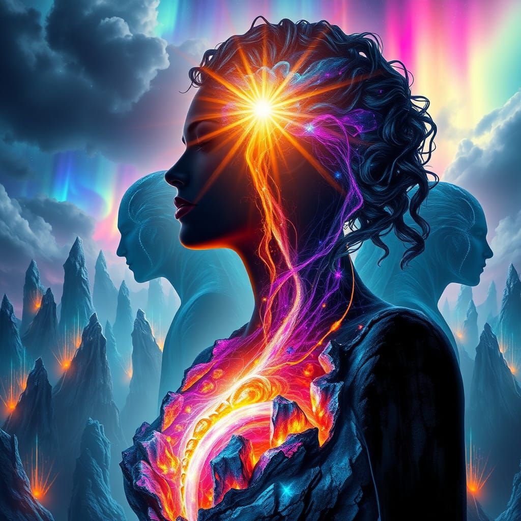 Majestic Woman in Swirling Shadows with Radiant Core