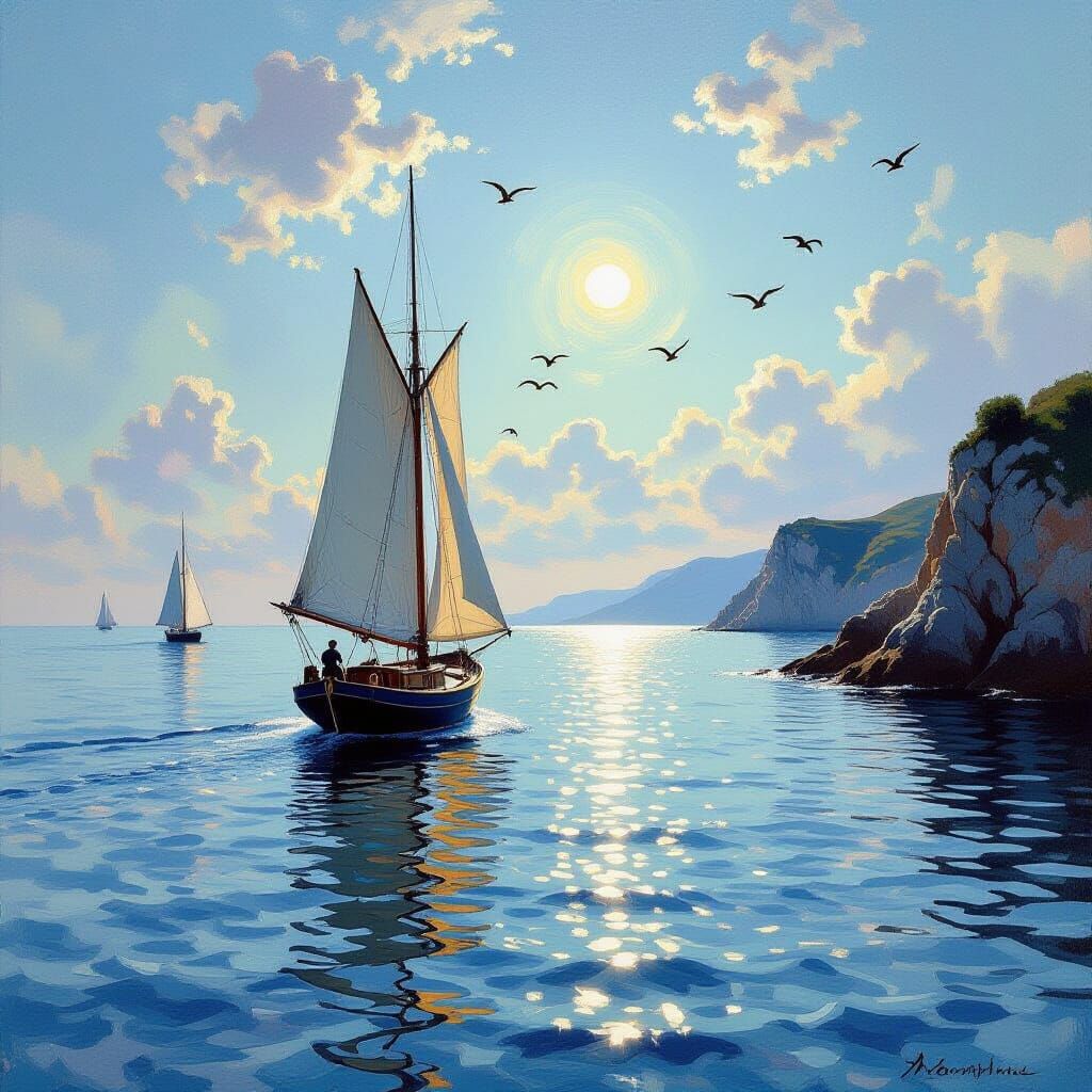 Seascape with Sailboat in Oil Painting Style