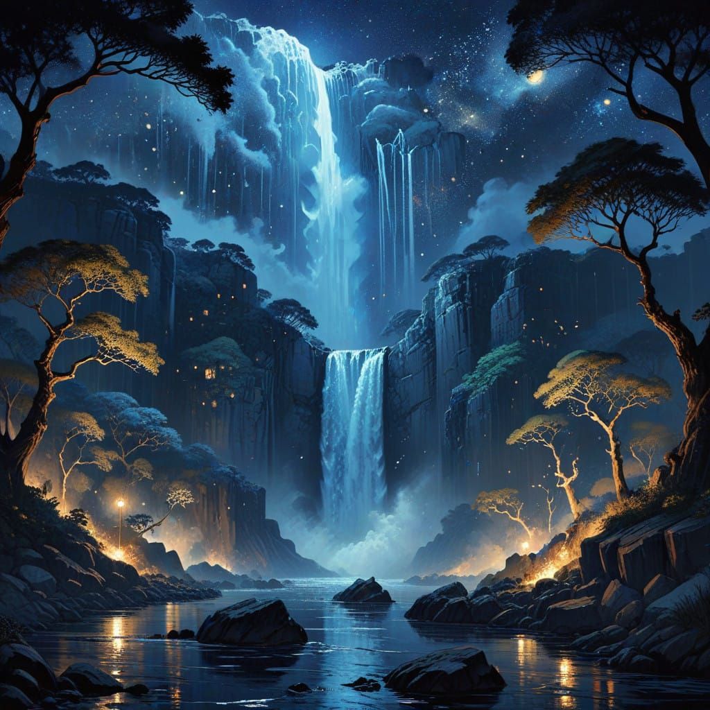 Majestic Victoria Falls Under Dark, Starry Night Sky