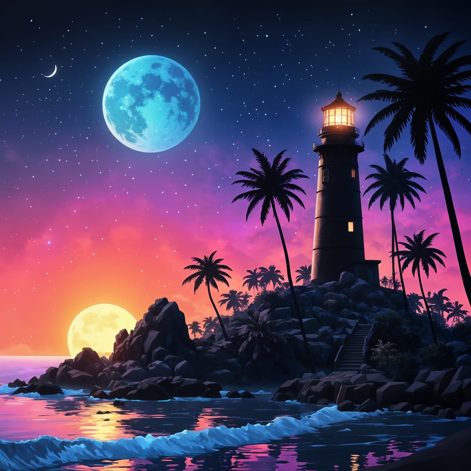Luminous Lighthouse Under Vibrant Sunset