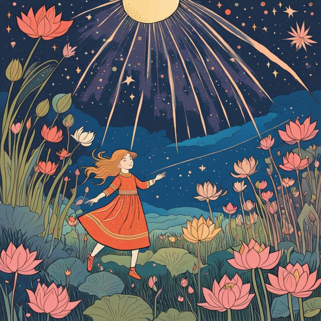 Vibrant Fauvist Girl Under a Shooting Star in a Dreamy Meado...