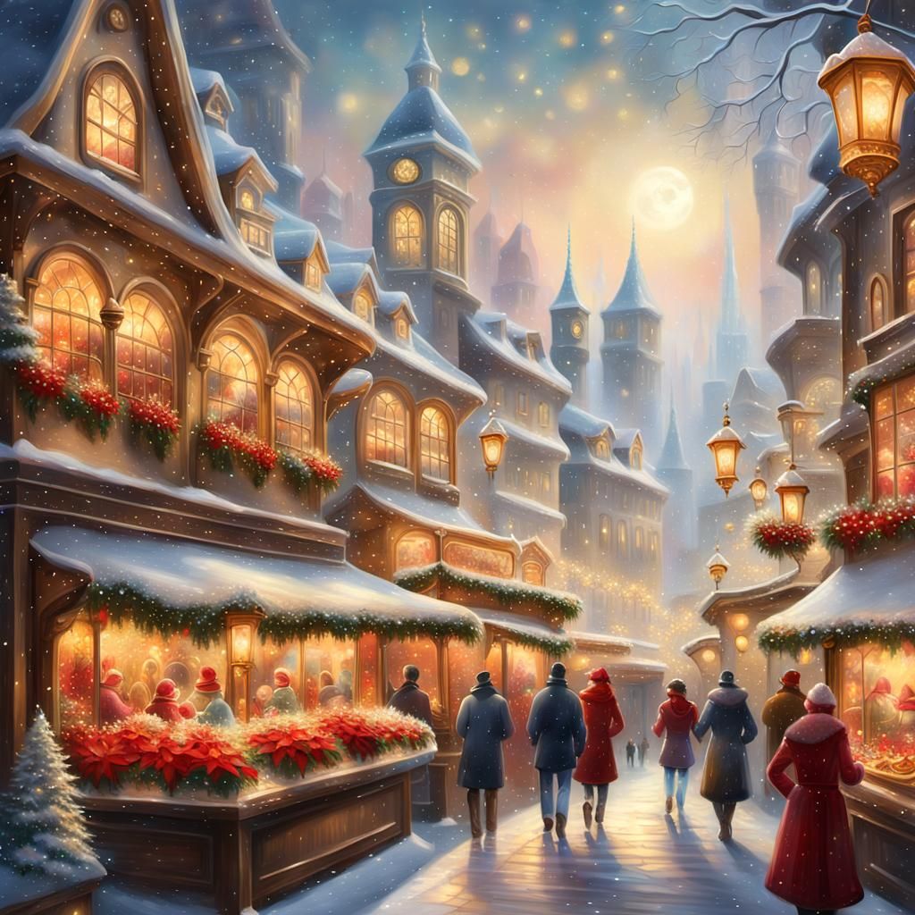 Christmas Market in Ethereal Fantasy City as Oil Painting