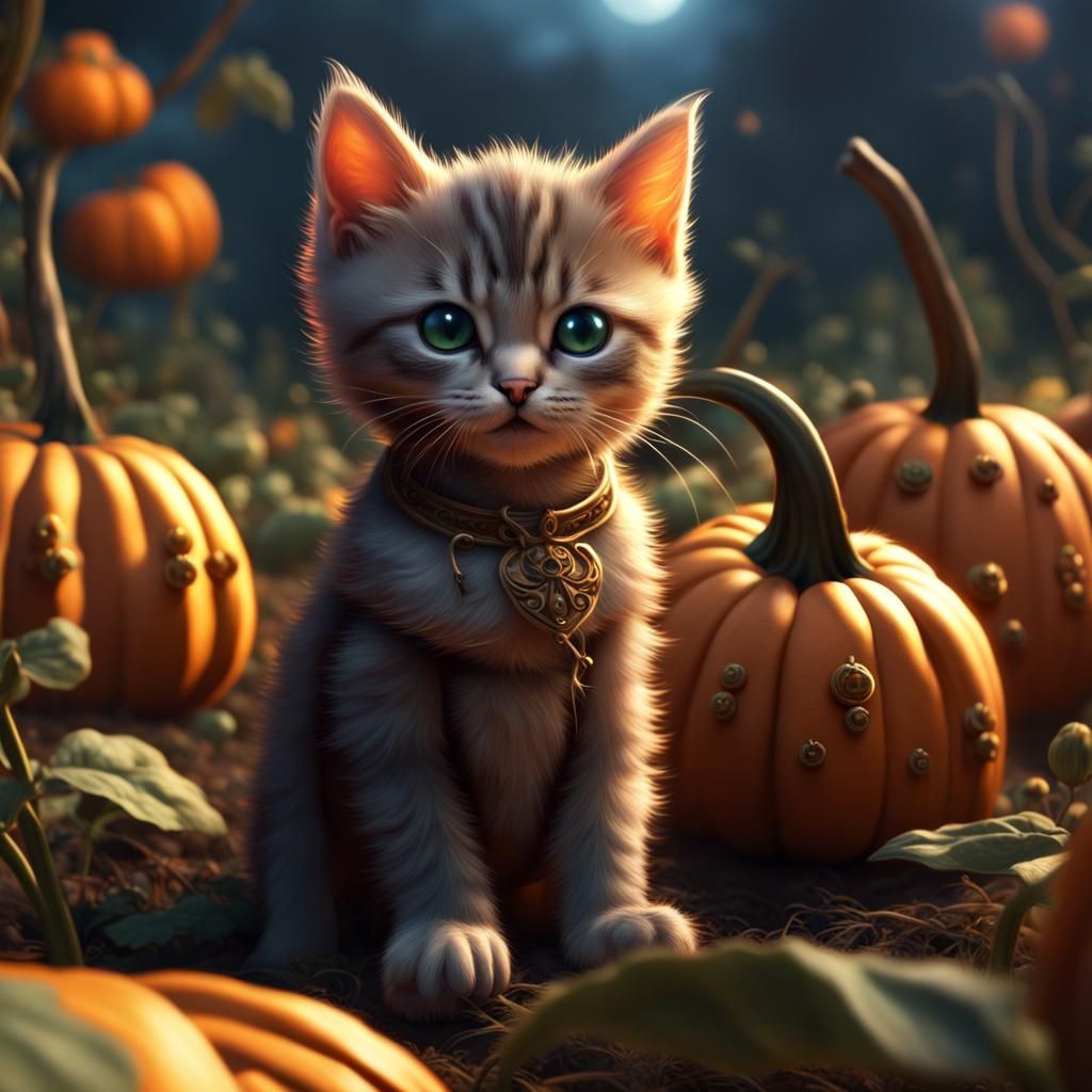Kitten in Pumpkin Patch with Lightning Bugs
