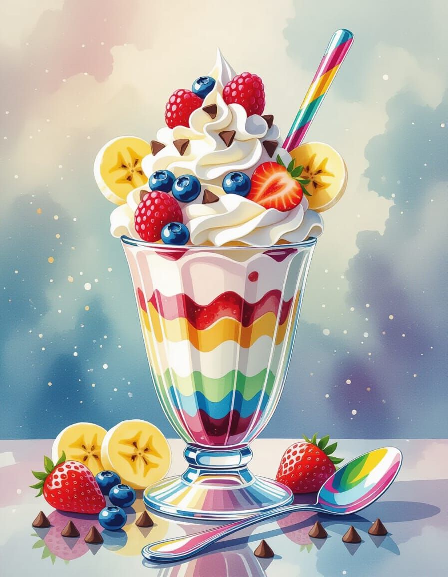 Mint Chocolate Chip Cake Sundae in Rainbow Cup Watercolor St...