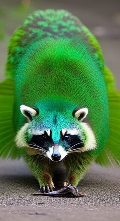 Colorful Peacock-Raccoon Hybrid Creature: A "Peacoon"