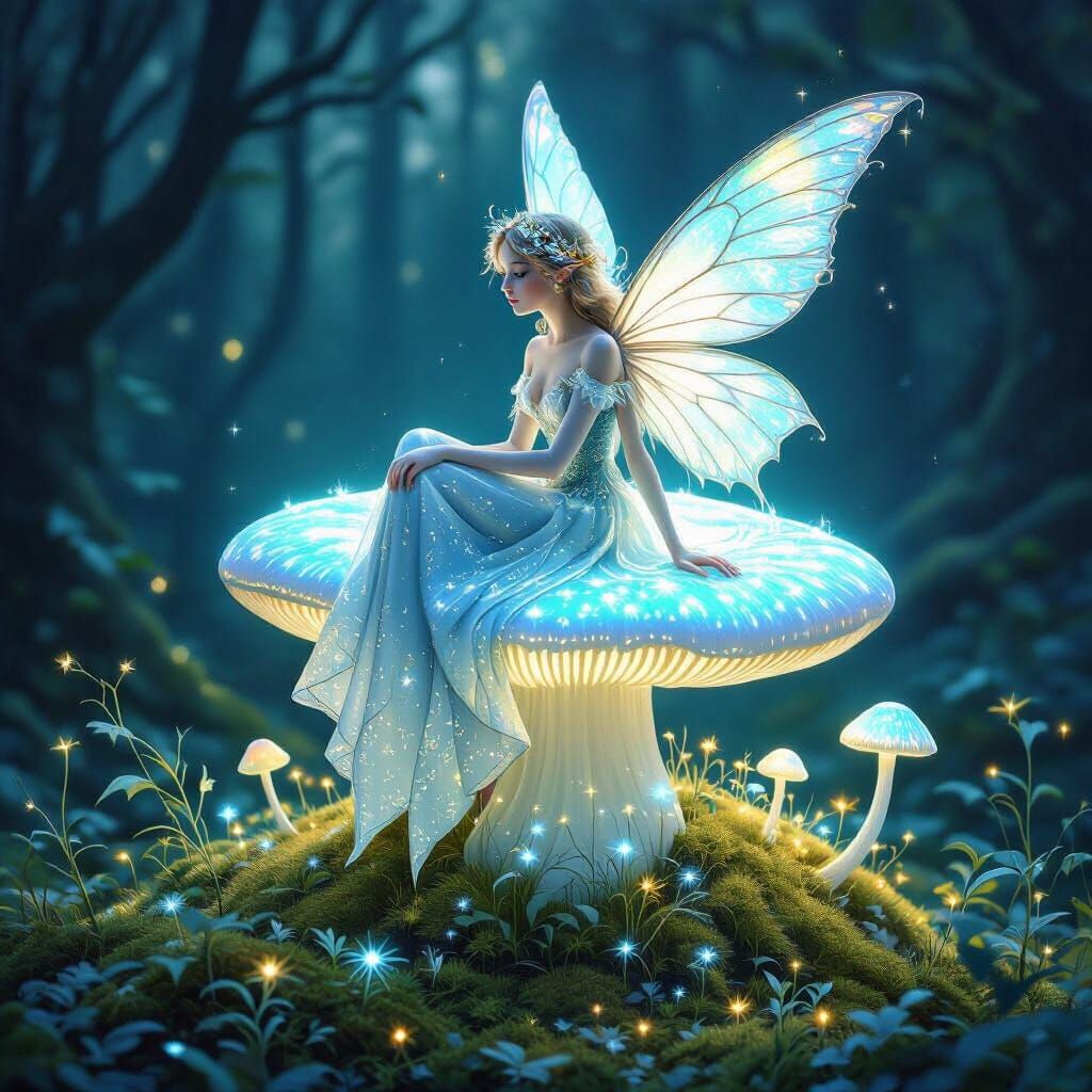 Midnight Fairy on Bioluminescent Mushroom