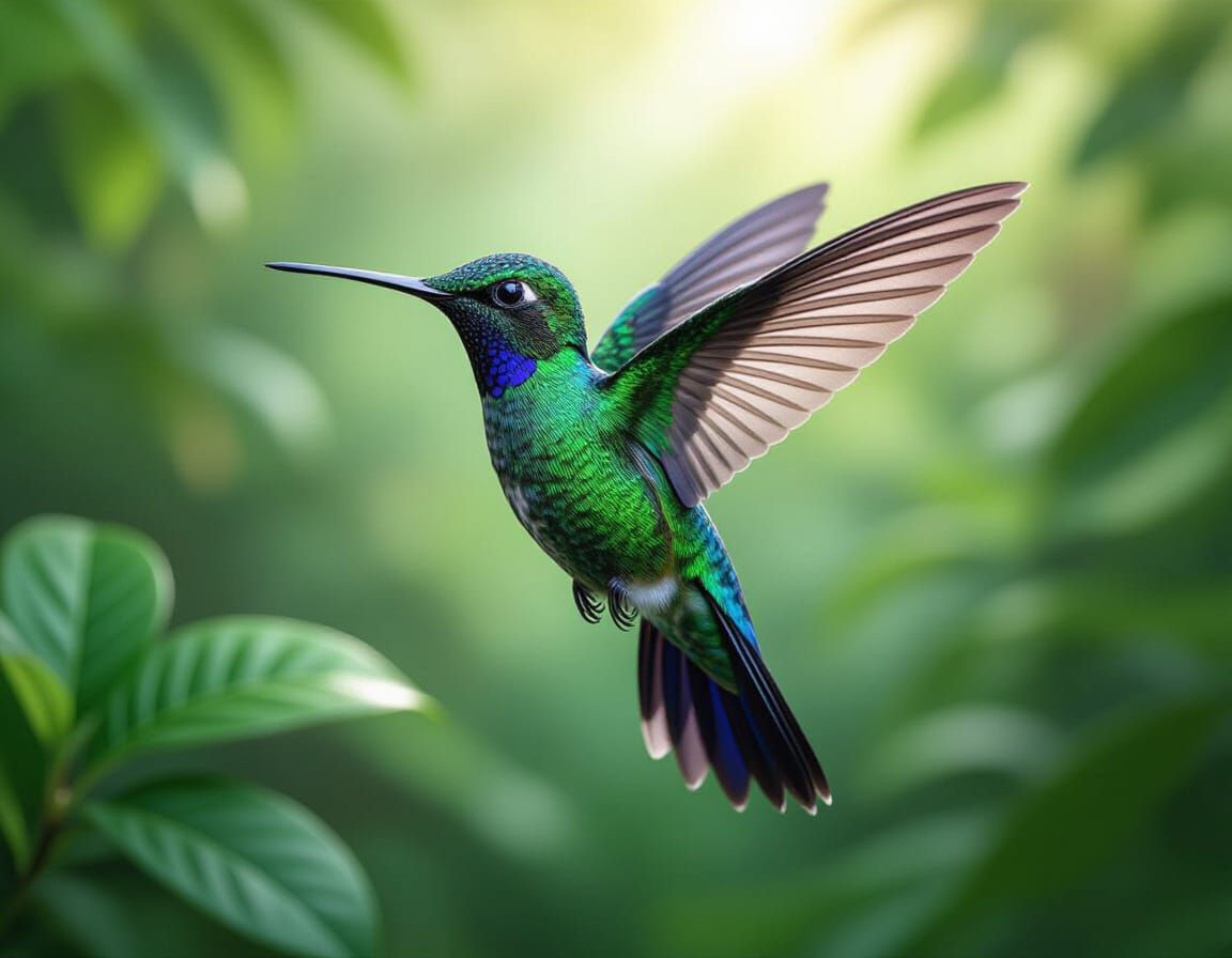 Iridescent Hummingbird Hovering in Tropical Setting