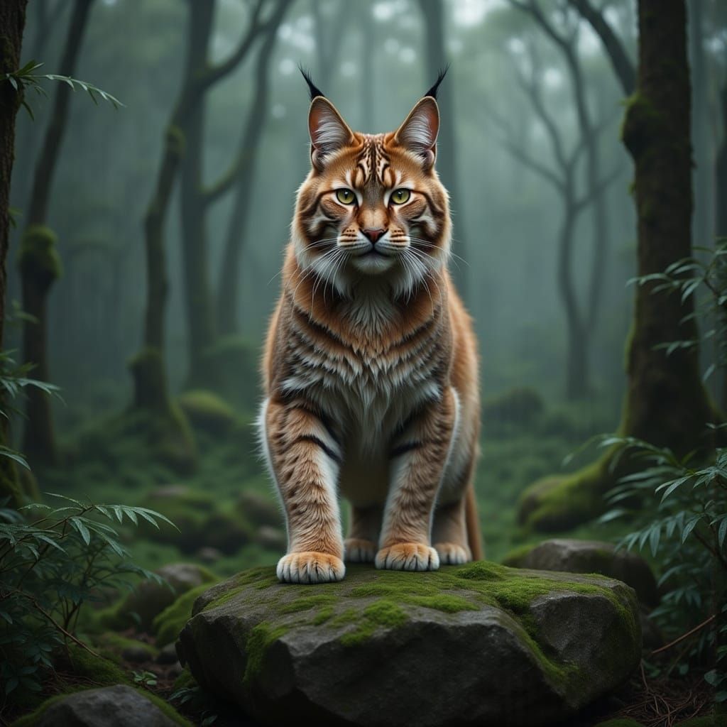 Stoic Lynx in Misty Woodland at Dawn