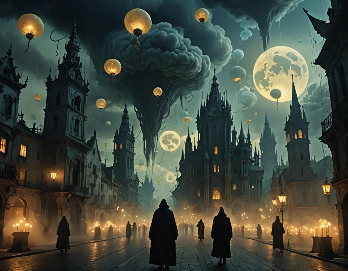 Ghostly Procession Through Spectral City in Digital Painting