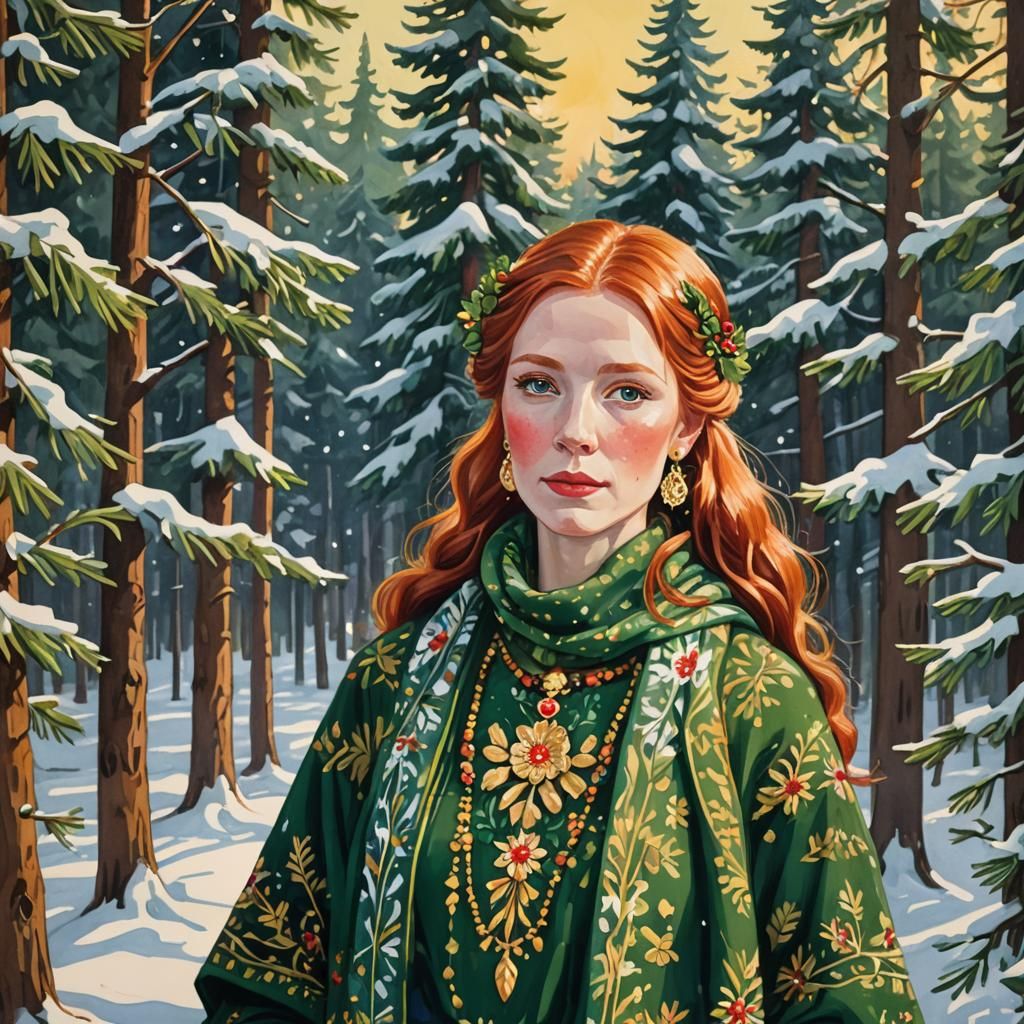 Festive Redhead in Snowy Forest, Folk Art Gouache