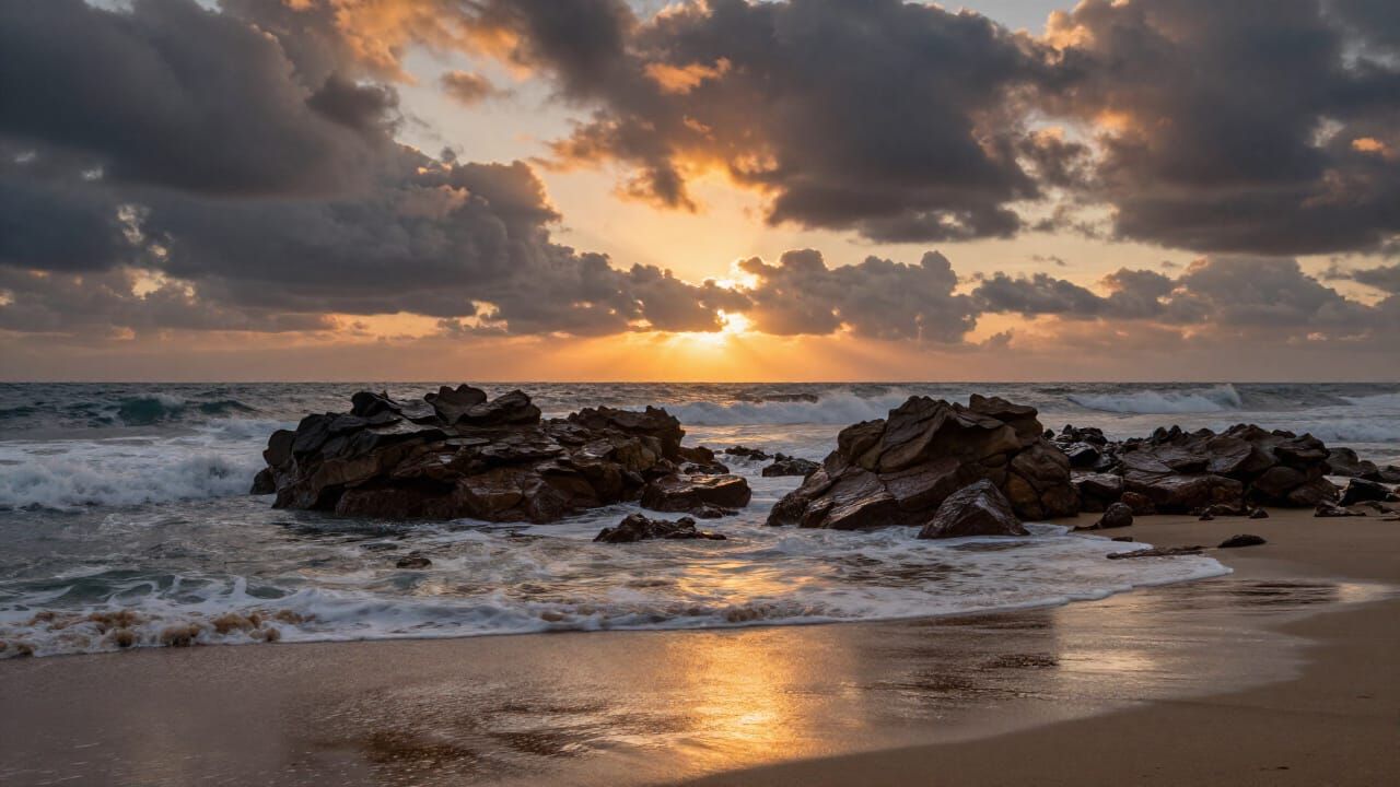 Dramatic Coastal Sunset with Golden Light Breaking Through C...