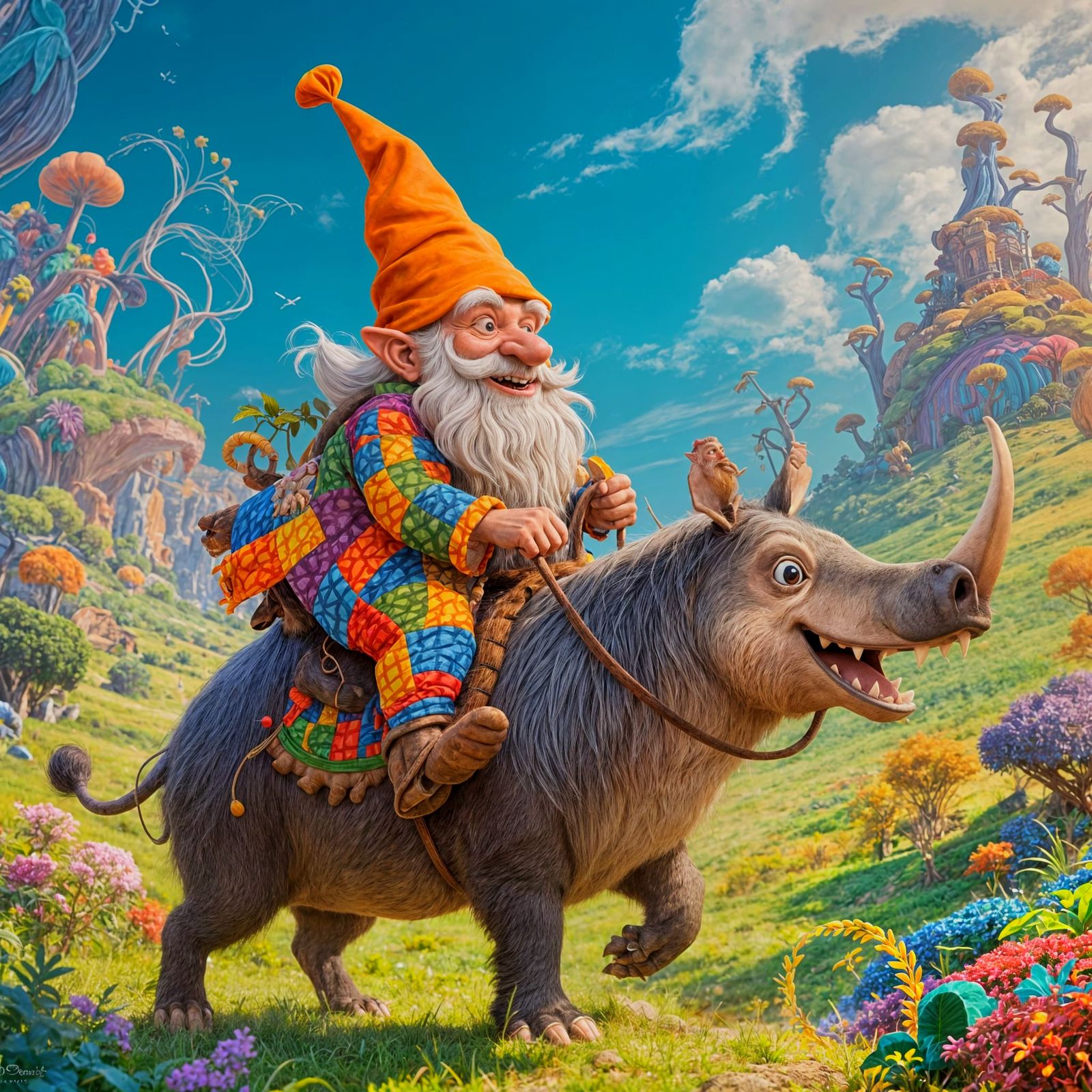 Whimsical Gnome Rides Aardvark: 3D Cartoon Caricature