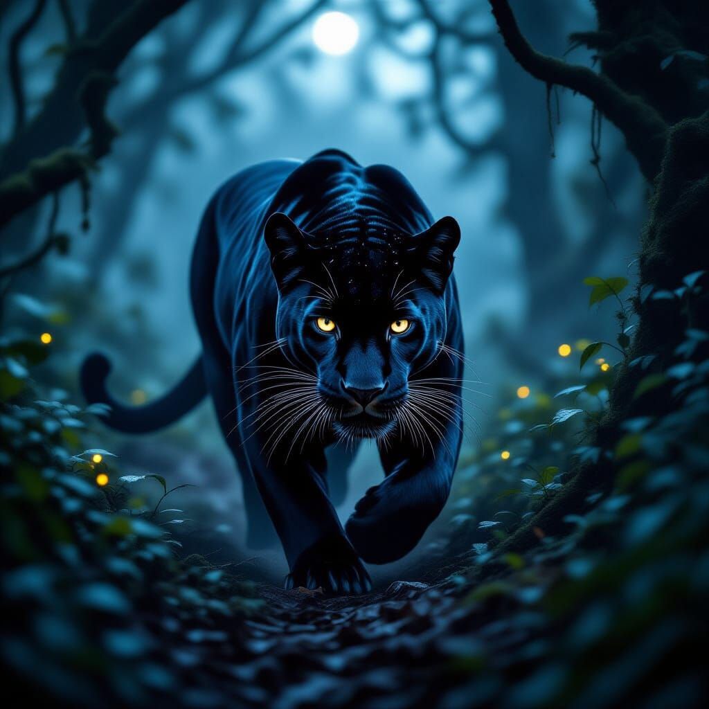Majestic Black Panther in Misty Forest at Night