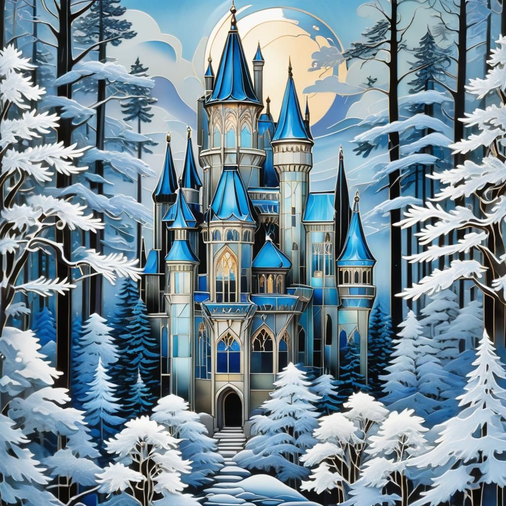 Icy Glass Castle in Art Nouveau Style