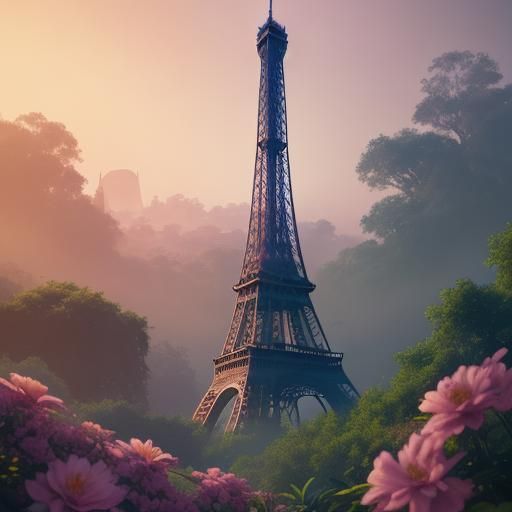 Eiffel Tower in Mystical Forest, Fantasy Art