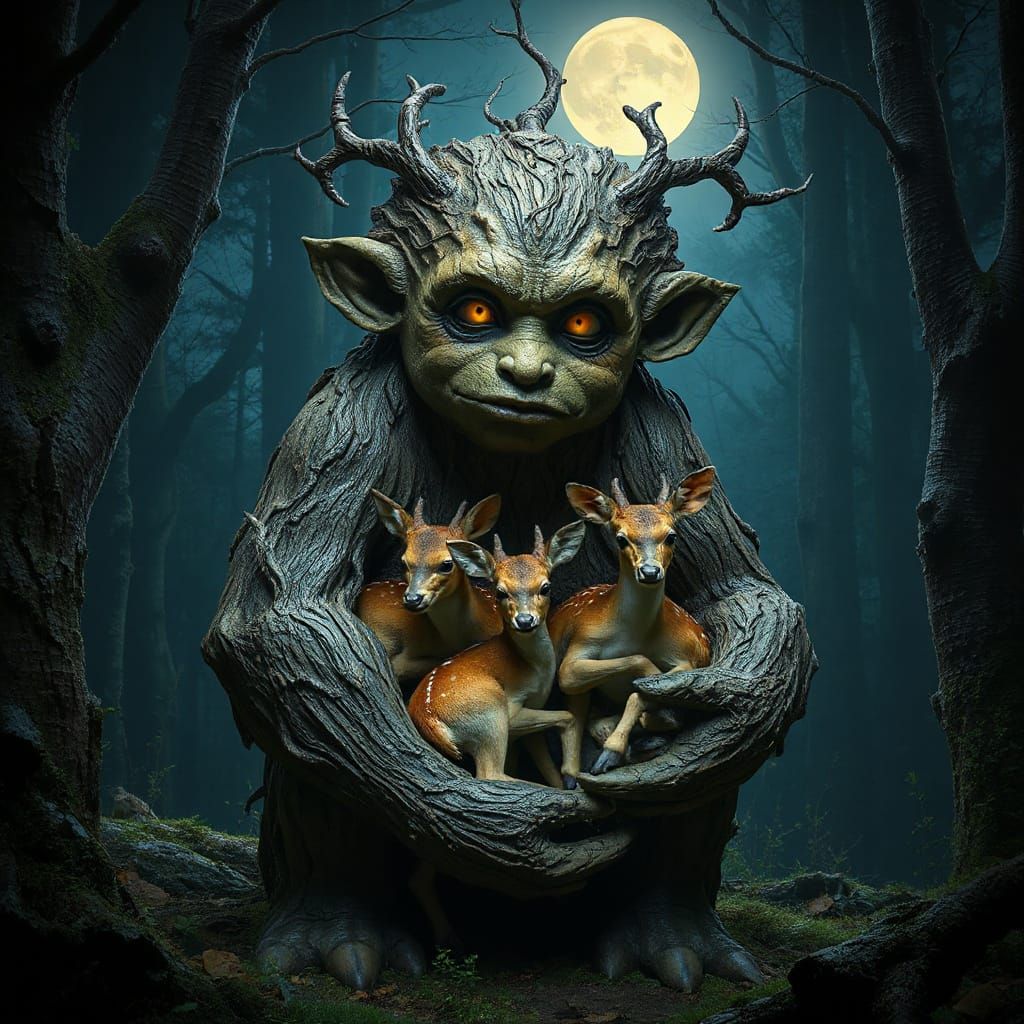 Gentle Troll Cradling Deer Family in Moonlit Forest