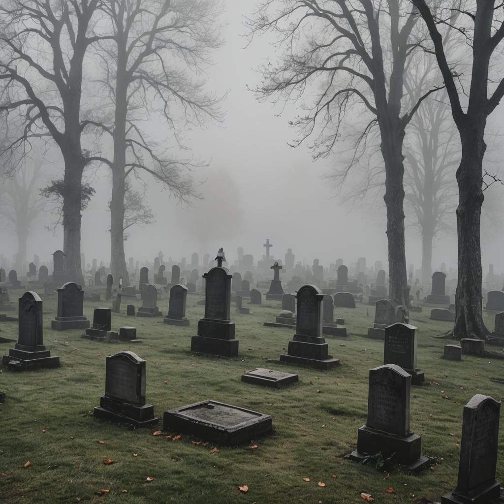 Eerie Graveyard Scene with Ghost in Dense Fog