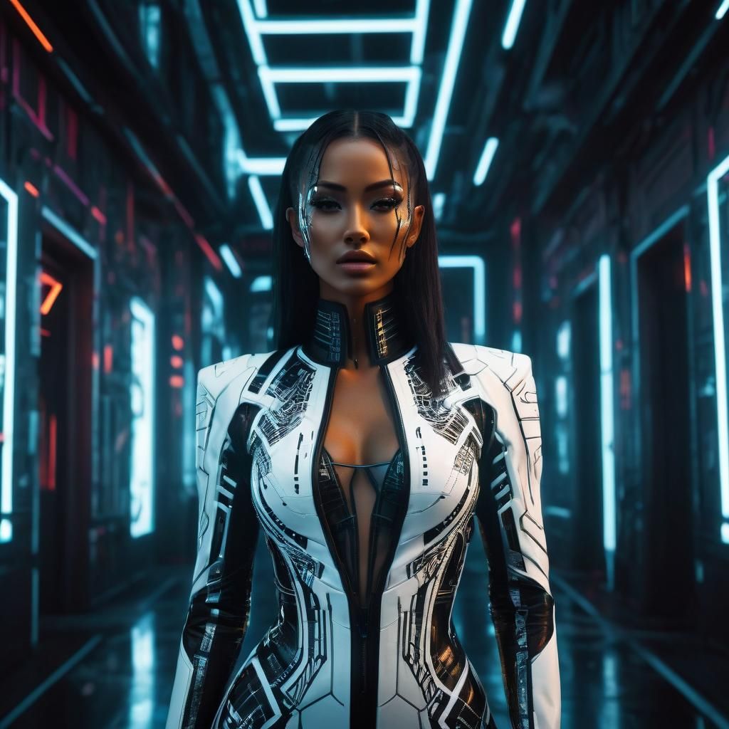 Cyberpunk Woman in Futuristic Neon Corridor