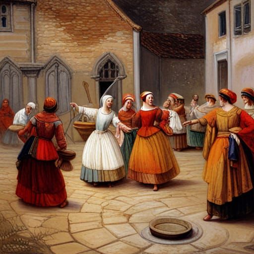 Medieval Ladies Dancing in Courtyard, Oil Painting