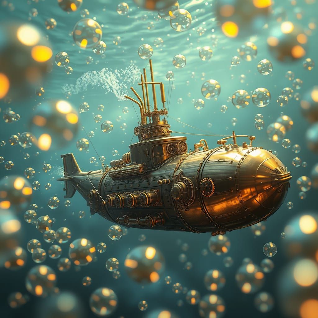 Steampunk Submarine Navigates Ocean of Shimmering Bubbles