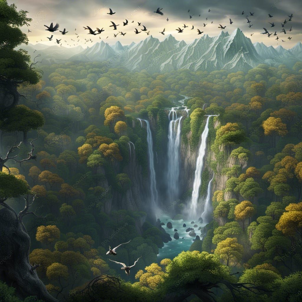 Mountain Forest View with Waterfall and Birds