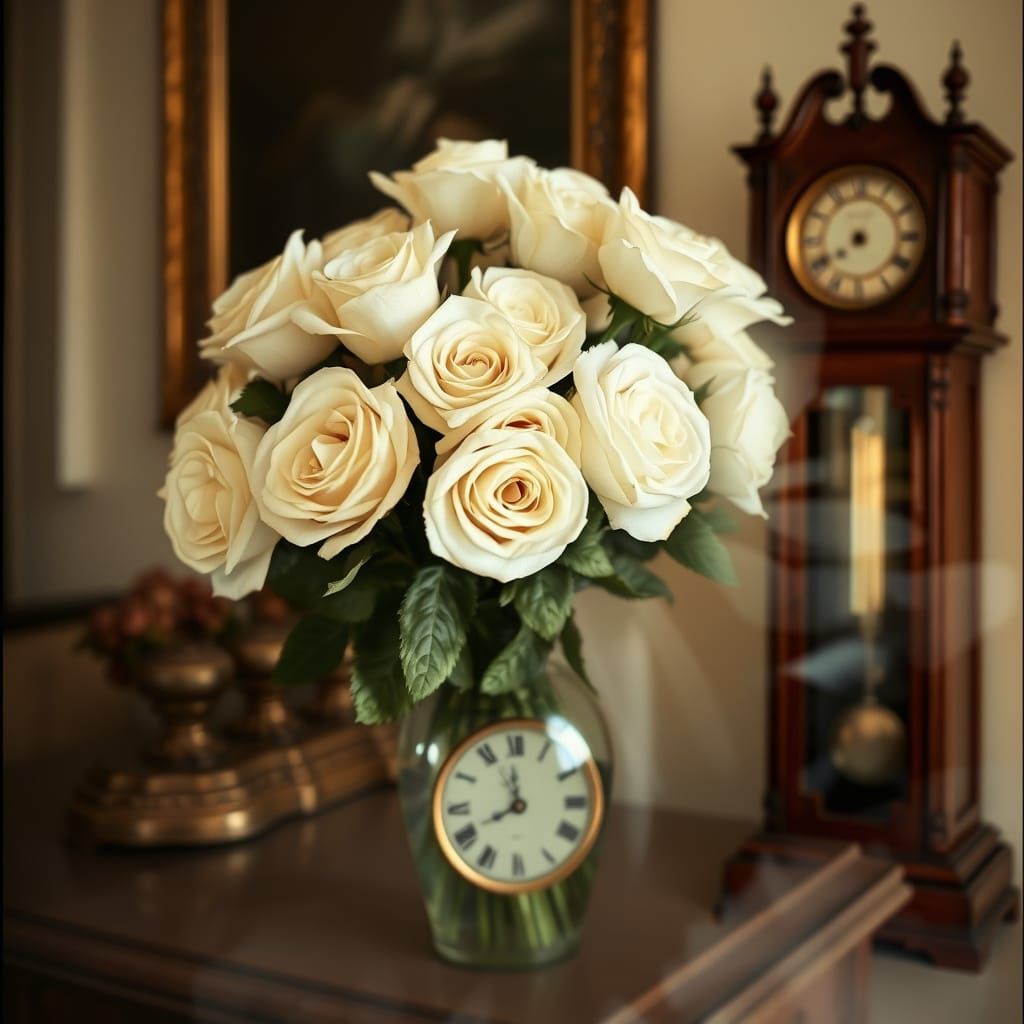 Ethereal Dreamscape with Grandfather Clock and White Roses