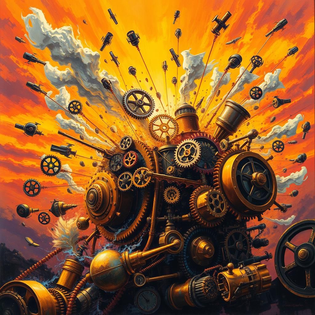 Exploding Steampunk Machine in Vibrant Colors