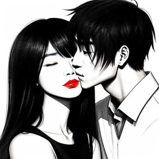 Minimalist Ink Sketch: Chinese Girl Kissing Boyfriend