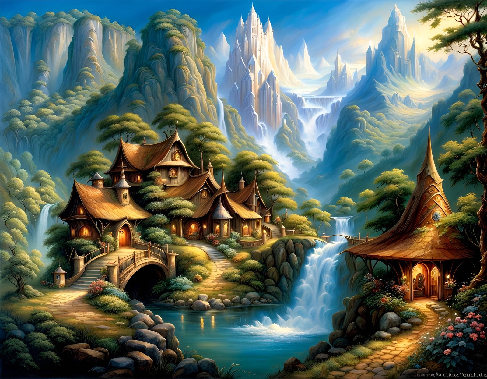 Elven Village with Lush Waterfalls and Mountains