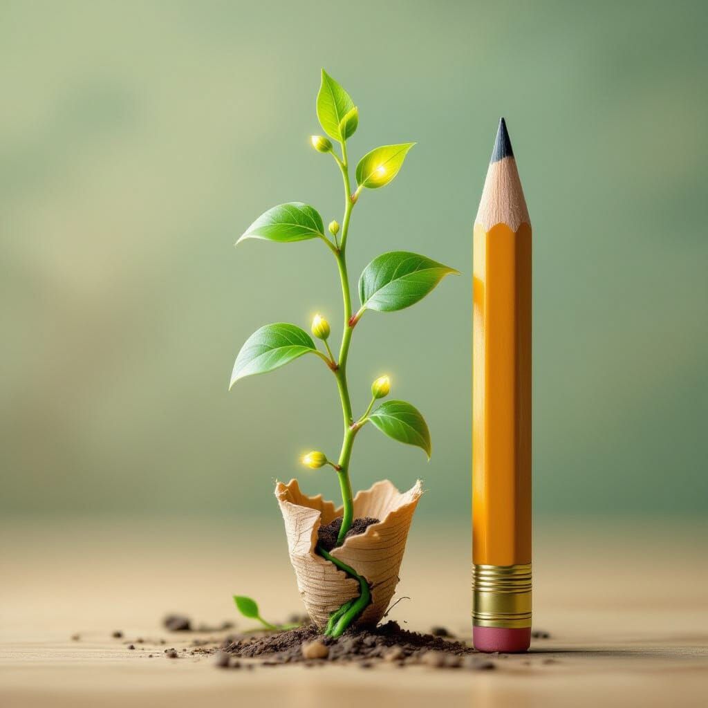 Pencil Transforms Into Growing Vine with Glowing Buds