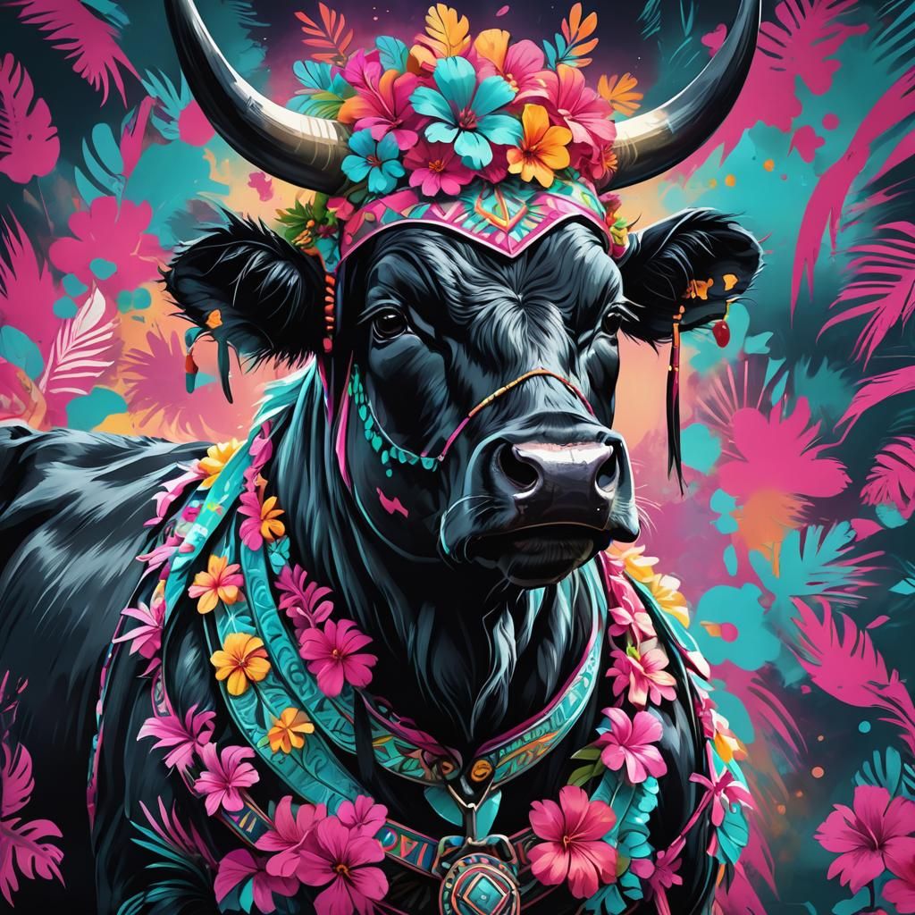 Nelore Cattle in Hawaiian Garb: Digital Pop Art