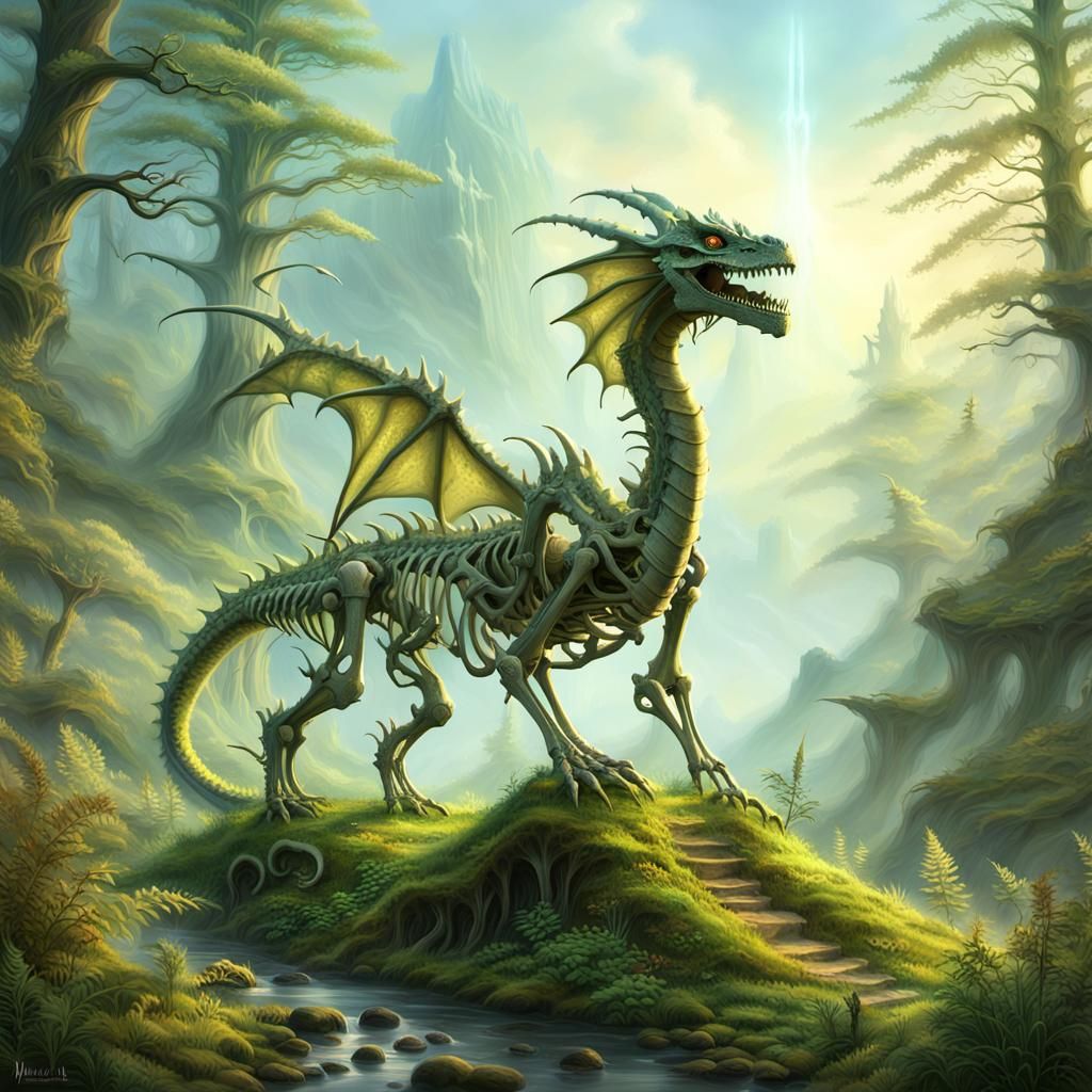Moss covered valley Dragon Skeleton fantasy ethereal fantasy hyperdetailed mist Thomas Kinkade