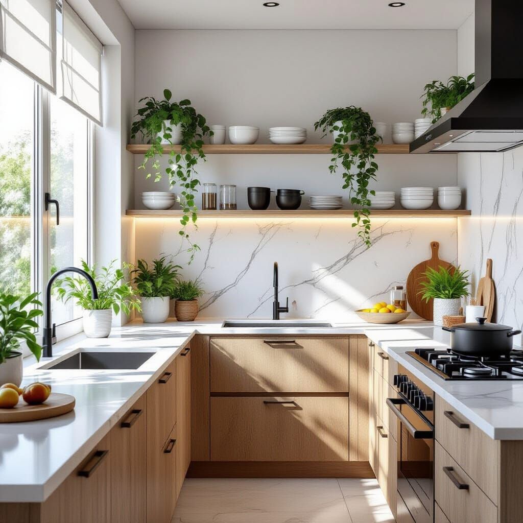 Modern Iranian Kitchen with Sunlight and Plants